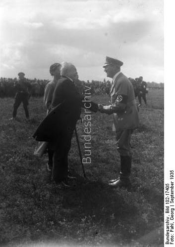 Adolf Hitler greets Karl Litzmann during the army manoeuvers in Lüneburger Heide